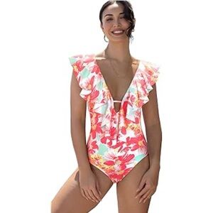 Ruffle V-Neck Floral One-Piece Swimsuit - Pink Floral
